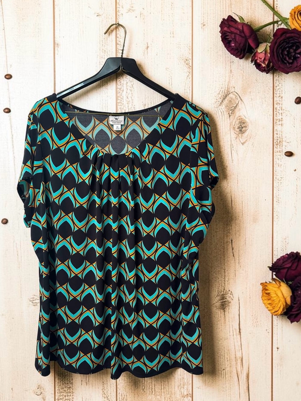 Worthington Abstract Peacock Feathers Blouse Womens 3X Green Cap Sleeve Career